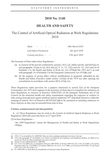 Control of Artificial Optical Radiation at Work Regulation 2010